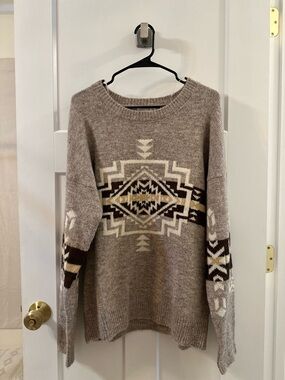 Very J Taupe Aztec Crewneck Sweater with Cream & Brown Pattern